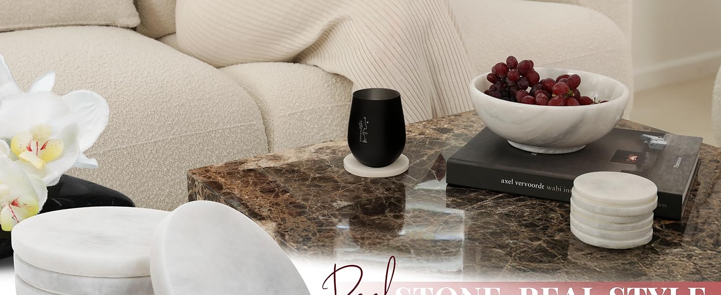 Gusto Nostro White Marble Coasters Set of 4 - Luxury Natural Stone Coasters for Drinks - Genuine Marble Kitchen Accessories, Round Artisanal Stone Coaster for Kitchen Counter, Coffee Table, Home Decor