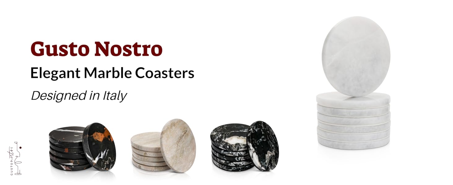 Gusto Nostro White Marble Coasters Set of 4 - Luxury Natural Stone Coasters for Drinks - Genuine Marble Kitchen Accessories, Round Artisanal Stone Coaster for Kitchen Counter, Coffee Table, Home Decor