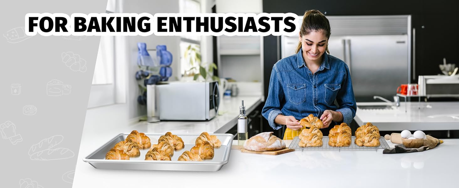 Half Sheet Pans with Rack Set, 18 Inch Commercial Quality Baking Sheet Pan Set, Natural Aluminum Cookie Sheet, Warp Resistant Nonstick Thick Cookie Tray Pans for Baking, Roasting