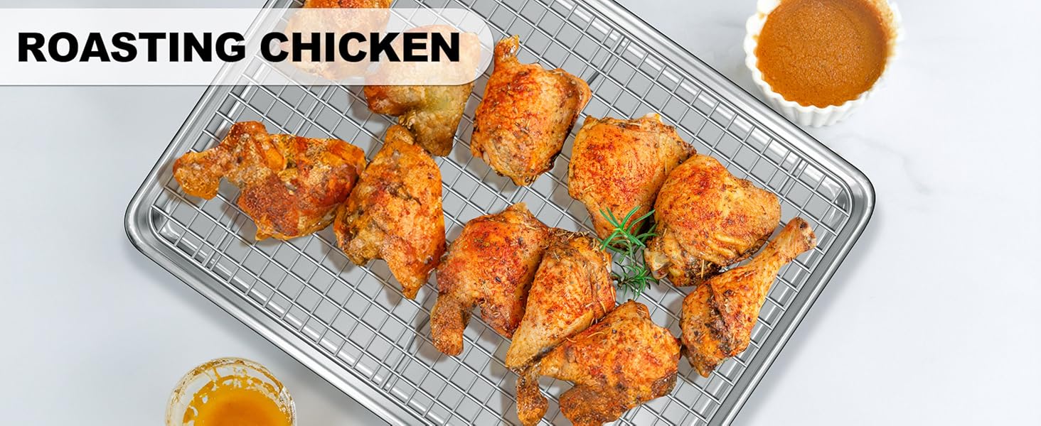 Half Sheet Pans with Rack Set, 18 Inch Commercial Quality Baking Sheet Pan Set, Natural Aluminum Cookie Sheet, Warp Resistant Nonstick Thick Cookie Tray Pans for Baking, Roasting