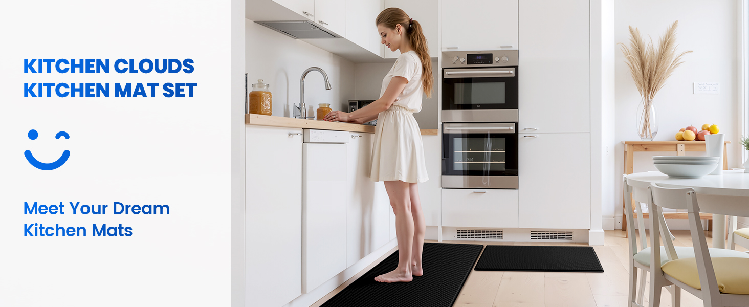 KitchenClouds Kitchen Mats for Floor,3PCS Kitchen Rugs,Non Slip Anti Fatigue Mats for Floor,Waterproof Kitchen Sink Mat,Cushioned Standing and Comfort Mats for Office,Black