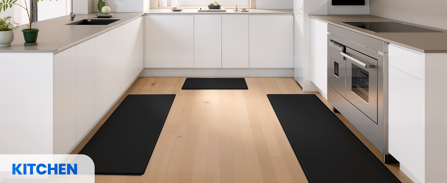 KitchenClouds Kitchen Mats for Floor,3PCS Kitchen Rugs,Non Slip Anti Fatigue Mats for Floor,Waterproof Kitchen Sink Mat,Cushioned Standing and Comfort Mats for Office,Black