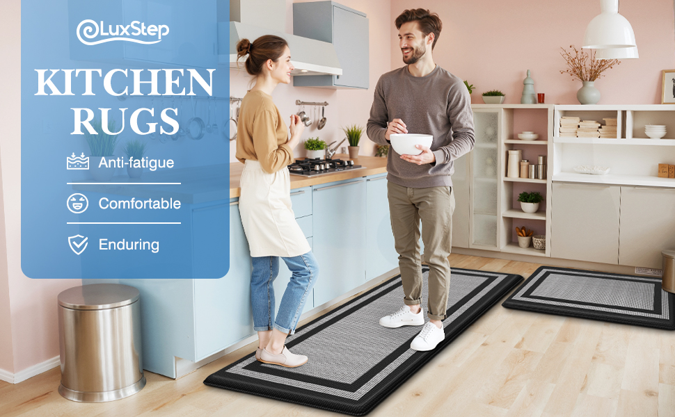 LuxStep Kitchen Mats [2 PCS] Cushioned Kitchen Rugs Anti-Fatigue Floor Comfort Mat,Non-Slip Standing Desk Mat,Waterproof Kitchen Rug Set for Kitchen,Floor,Office,Classic Black