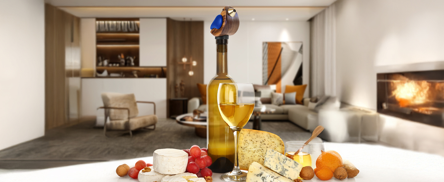 Songbird Specialties Wine Bottle Pourer, Fun Wine Pourer Spout Sings While It Pours, Airtight Wine Bottle Sealer, Acacia Wood with Black Wings