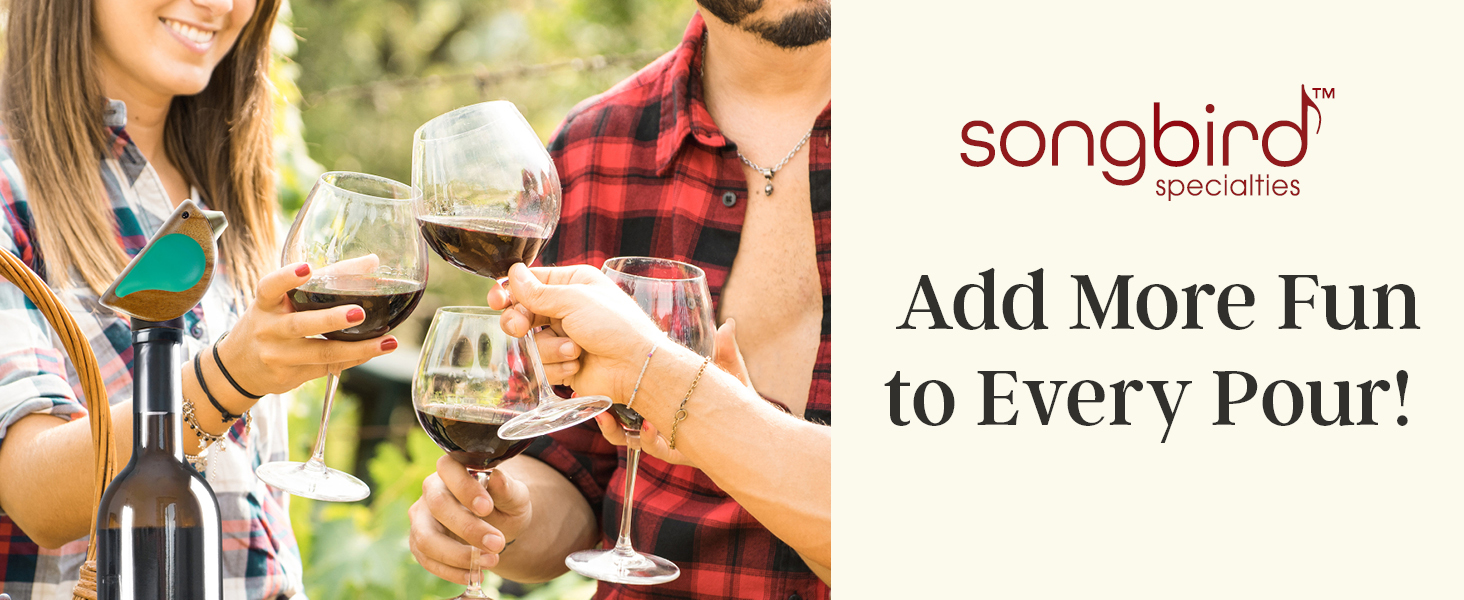 Songbird Specialties Wine Bottle Pourer, Fun Wine Pourer Spout Sings While It Pours, Airtight Wine Bottle Sealer, Acacia Wood with Black Wings