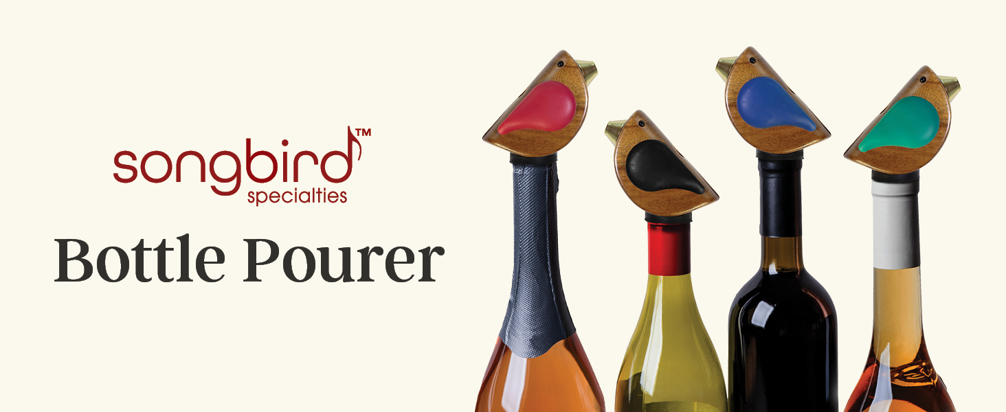 Songbird Specialties Wine Bottle Pourer, Fun Wine Pourer Spout Sings While It Pours, Airtight Wine Bottle Sealer, Acacia Wood with Black Wings