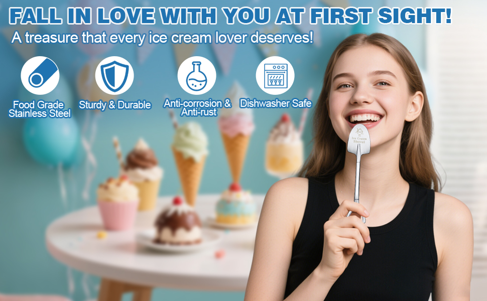 2 Pcs Ice Cream Shovel Set - Funny Loving Gift (Birthday/Holiday Gift for Family and Friends), Premium 304 Stainless Steel Dessert Spoons for Eating Ice Cream