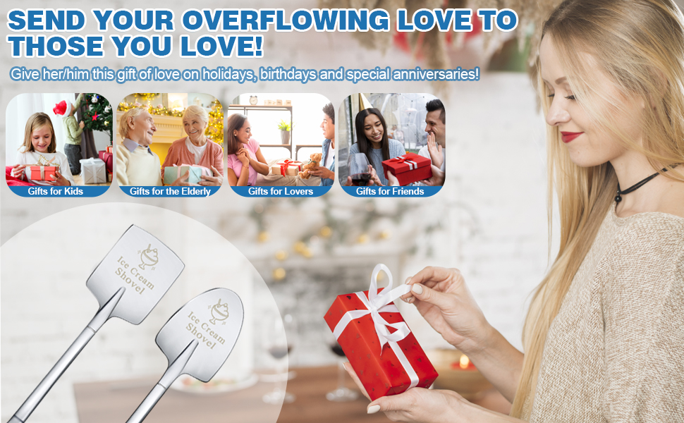 2 Pcs Ice Cream Shovel Set - Funny Loving Gift (Birthday/Holiday Gift for Family and Friends), Premium 304 Stainless Steel Dessert Spoons for Eating Ice Cream