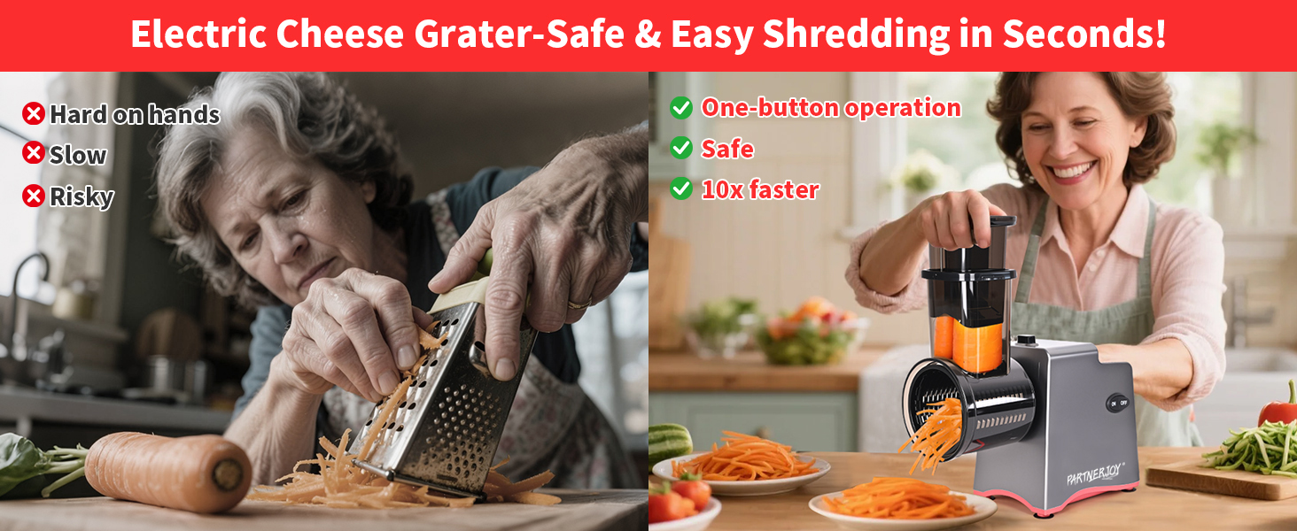 Electric Cheese Grater, 250W Electric Professional Salad Maker & Vegetable Slicer Shredder, 7-in-1 Electric Food Graters Machine with Widened Feeding Port for Block Cheese, Vegetables & Fruits