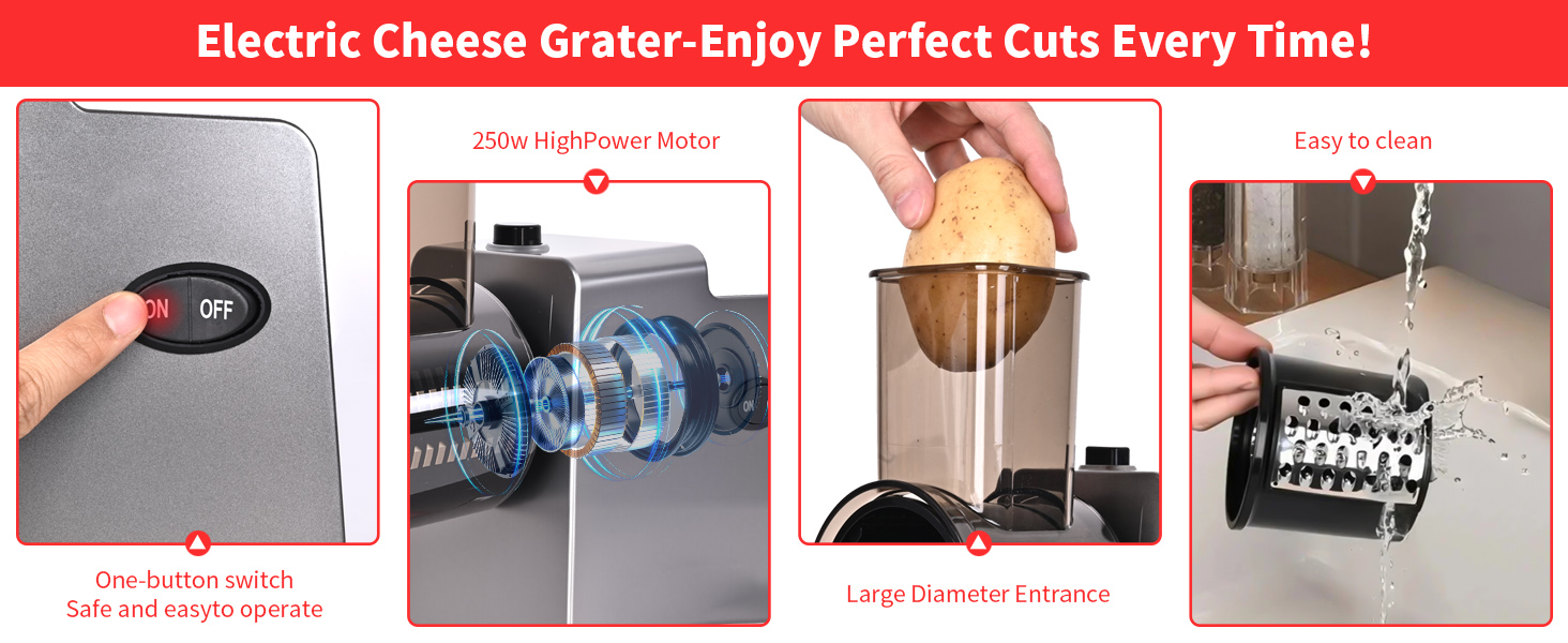 Electric Cheese Grater, 250W Electric Professional Salad Maker & Vegetable Slicer Shredder, 7-in-1 Electric Food Graters Machine with Widened Feeding Port for Block Cheese, Vegetables & Fruits