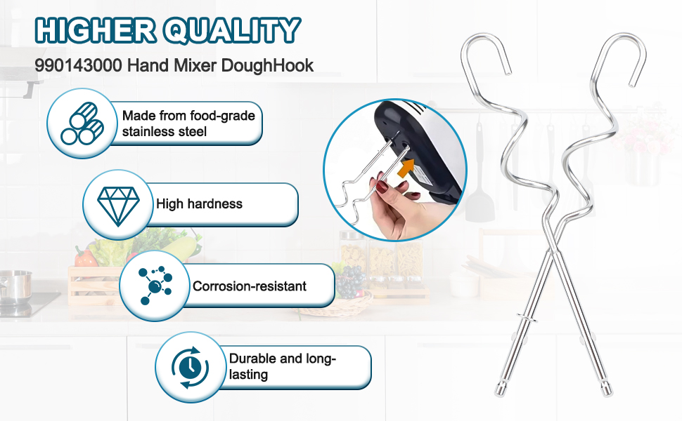 990143000 2-Pack Stainless Steel Mixer Dough Hooks for Hamilton Beach Hand Mixer, Dough Hook Replacement Attachments Compatible with 62630R, 62632R, 62633R, 62580