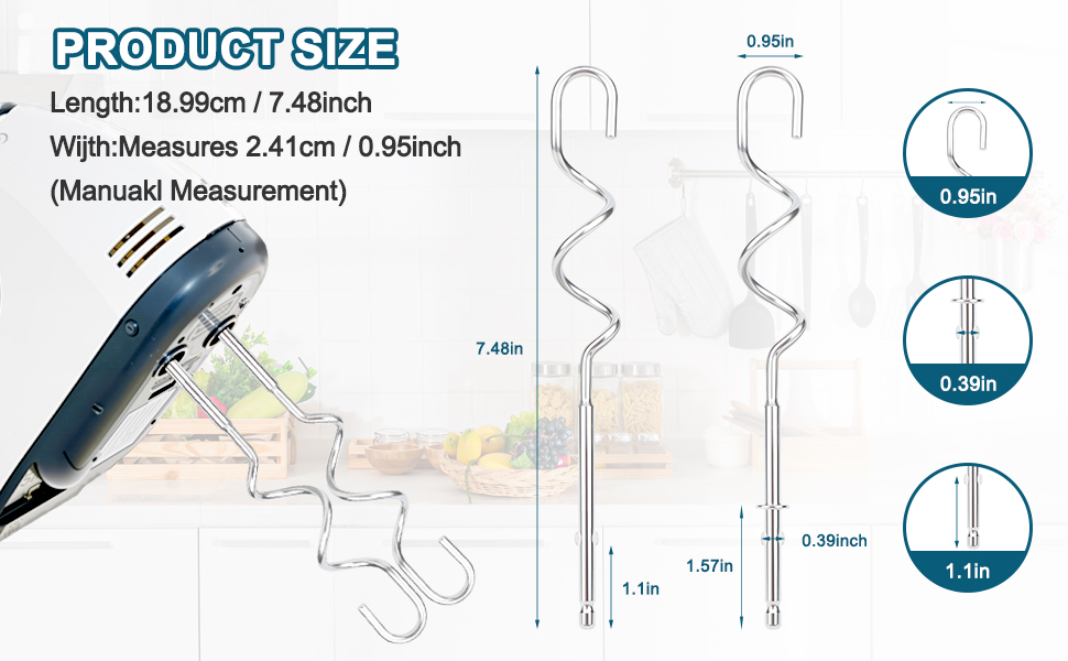 990143000 2-Pack Stainless Steel Mixer Dough Hooks for Hamilton Beach Hand Mixer, Dough Hook Replacement Attachments Compatible with 62630R, 62632R, 62633R, 62580