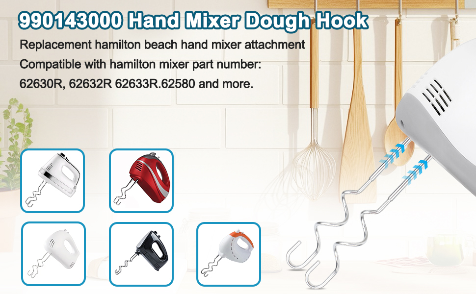 990143000 2-Pack Stainless Steel Mixer Dough Hooks for Hamilton Beach Hand Mixer, Dough Hook Replacement Attachments Compatible with 62630R, 62632R, 62633R, 62580