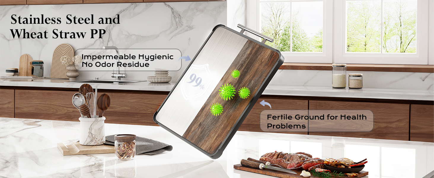 2 Pack Stainless Steel Cutting Board Set, Large Cutting Boards for Kitchen, Double Sided Meat Chopping Board with Handle, Non Toxic Wheat Straw PP/Dishwasher Safe/Food-Grade (16×11 In)