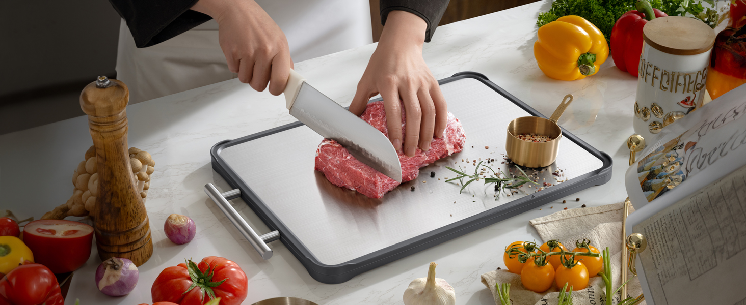 2 Pack Stainless Steel Cutting Board Set, Large Cutting Boards for Kitchen, Double Sided Meat Chopping Board with Handle, Non Toxic Wheat Straw PP/Dishwasher Safe/Food-Grade (16×11 In)