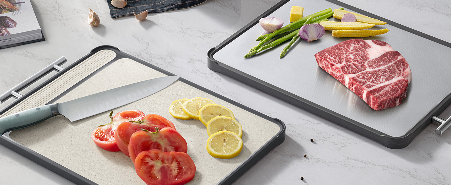 2 Pack Stainless Steel Cutting Board Set, Large Cutting Boards for Kitchen, Double Sided Meat Chopping Board with Handle, Non Toxic Wheat Straw PP/Dishwasher Safe/Food-Grade (16×11 In)