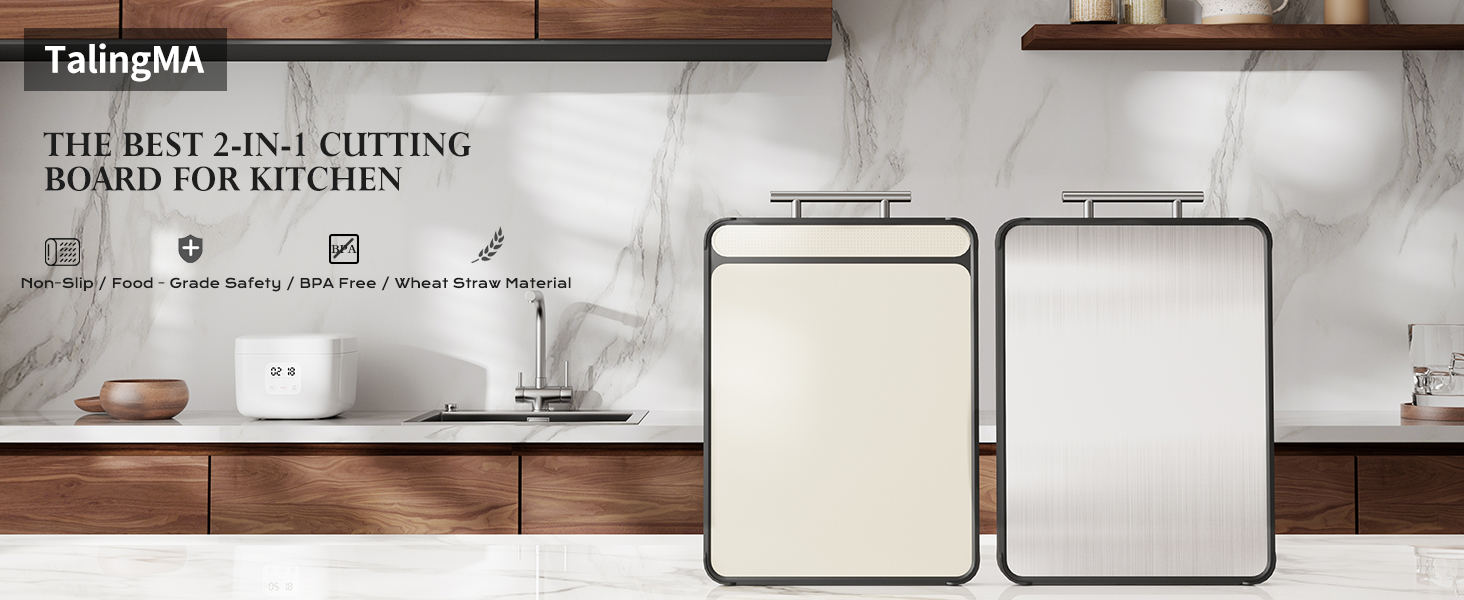 2 Pack Stainless Steel Cutting Board Set, Large Cutting Boards for Kitchen, Double Sided Meat Chopping Board with Handle, Non Toxic Wheat Straw PP/Dishwasher Safe/Food-Grade (16×11 In)
