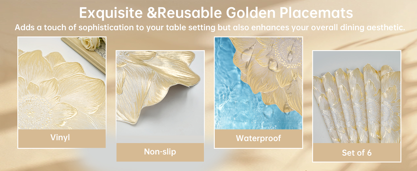 Gold Placemats Set of 6, Creative 3D Flower Placemats Waterproof & Oil-Proof - Metallic Pressed Vinyl Round Place Mats Fancy Decorative Table Mats for Holiday Wedding Accent Outdoor