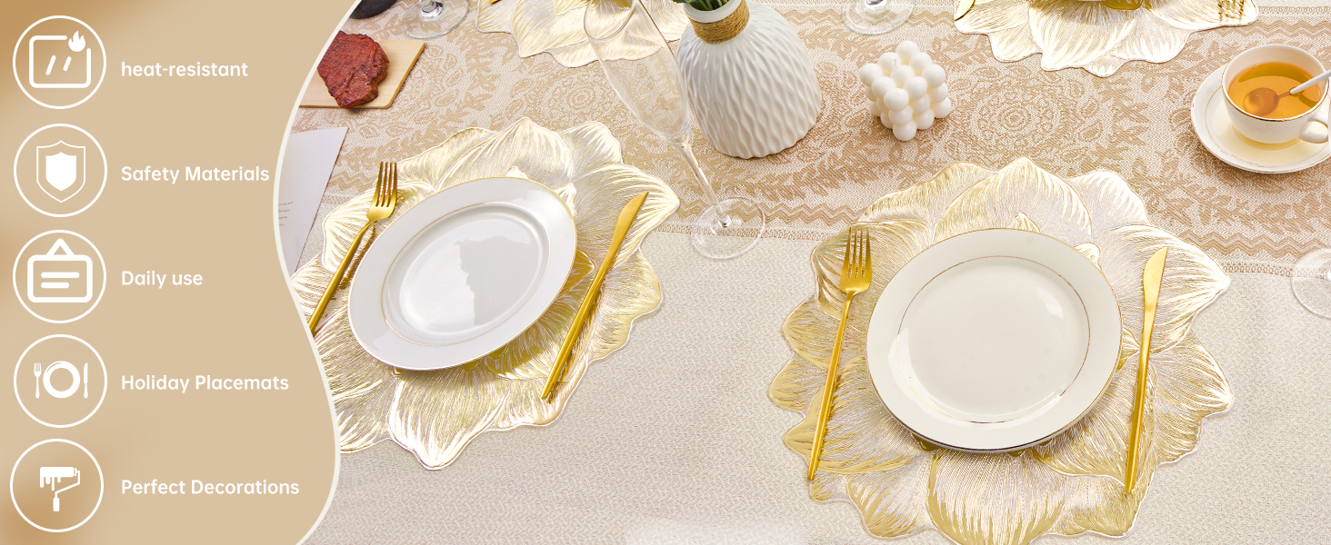 Gold Placemats Set of 6, Creative 3D Flower Placemats Waterproof & Oil-Proof - Metallic Pressed Vinyl Round Place Mats Fancy Decorative Table Mats for Holiday Wedding Accent Outdoor