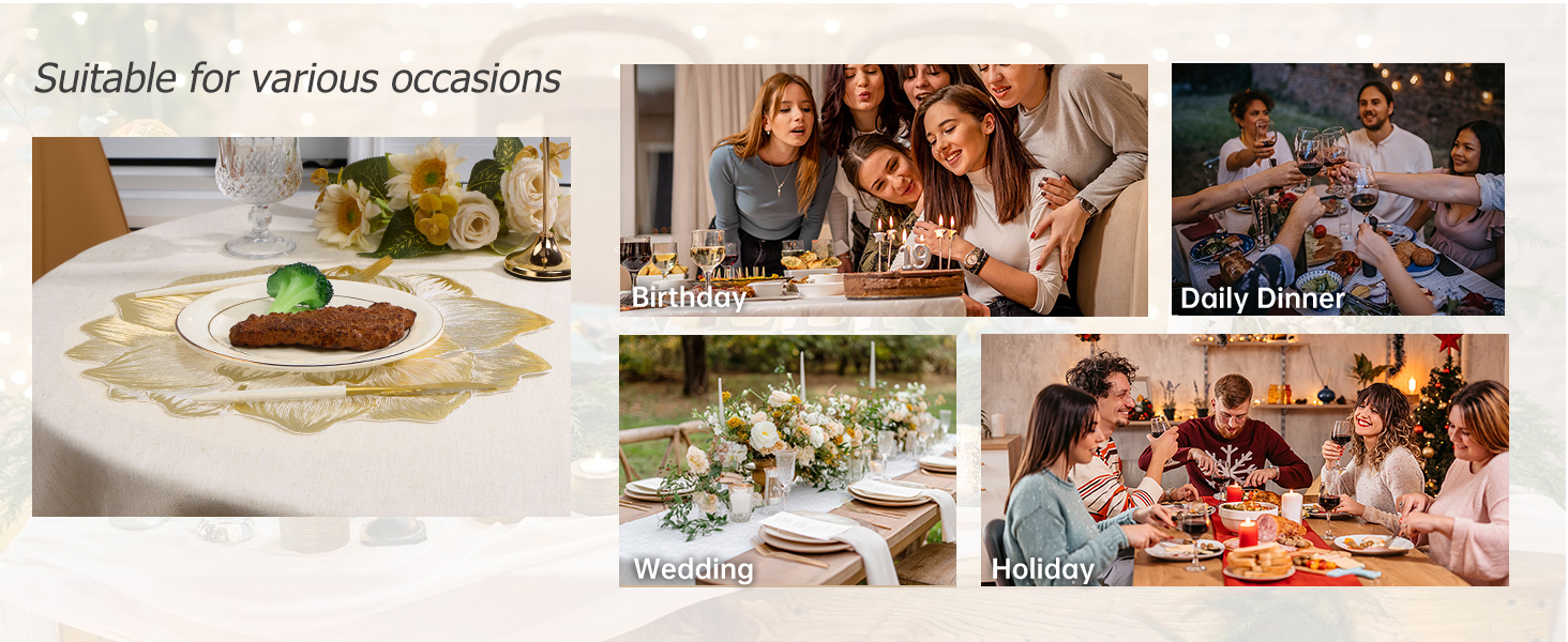 Gold Placemats Set of 6, Creative 3D Flower Placemats Waterproof & Oil-Proof - Metallic Pressed Vinyl Round Place Mats Fancy Decorative Table Mats for Holiday Wedding Accent Outdoor