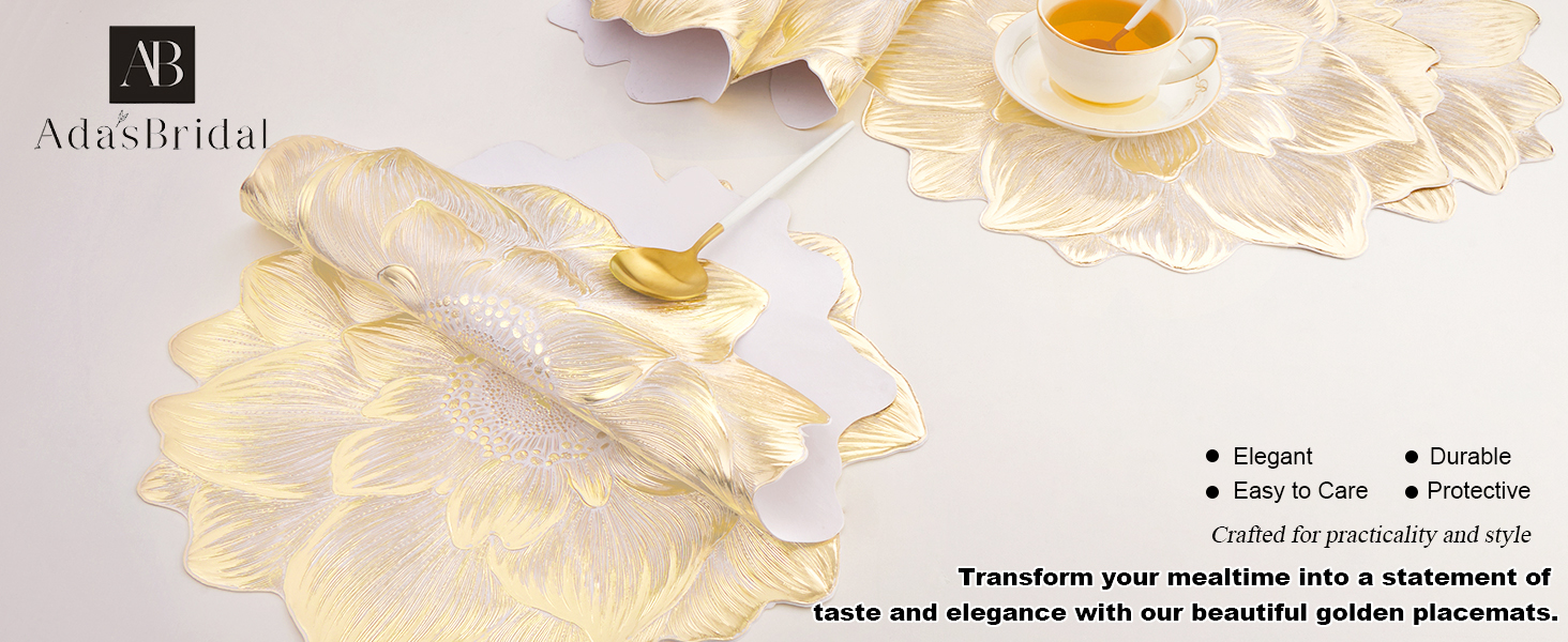 Gold Placemats Set of 6, Creative 3D Flower Placemats Waterproof & Oil-Proof - Metallic Pressed Vinyl Round Place Mats Fancy Decorative Table Mats for Holiday Wedding Accent Outdoor