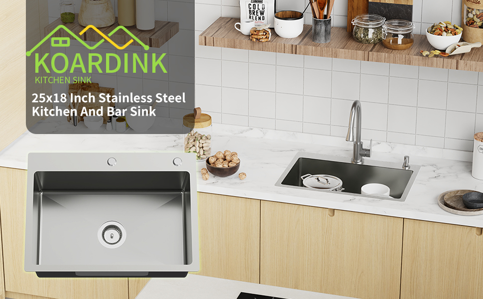 25x18 Inch Kitchen And Bar Sink - Stainless Steel Drop In Single Bowl Topmount Modern Kitchen And Bar Sink With Spoon Rest,Drain Strainer Set Compatibility With Various Kitchen&Bar Style
