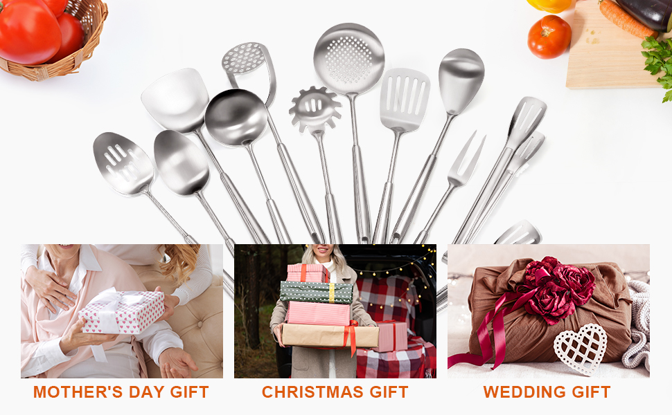 304 Stainless Steel Cooking Utensils Set, Stainless Steel Kitchen Utensils, 12 PCS Long Large Metal Cooking Utensil Tools Set, Potato Masher, Fork, Tongs, Pasta, etc (Dishwasher Safe)