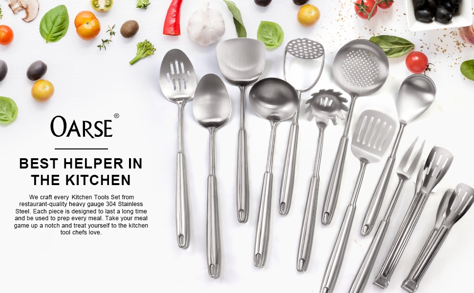 304 Stainless Steel Cooking Utensils Set, Stainless Steel Kitchen Utensils, 12 PCS Long Large Metal Cooking Utensil Tools Set, Potato Masher, Fork, Tongs, Pasta, etc (Dishwasher Safe)