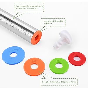Rolling Pin with Adjustable Thickness Rings for Baking,Stainless Steel Dough Roller,Baking Supplies for Cookie Fondant Pizza Cake Pasta