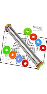 Rolling Pin with Adjustable Thickness Rings for Baking,Stainless Steel Dough Roller,Baking Supplies for Cookie Fondant Pizza Cake Pasta