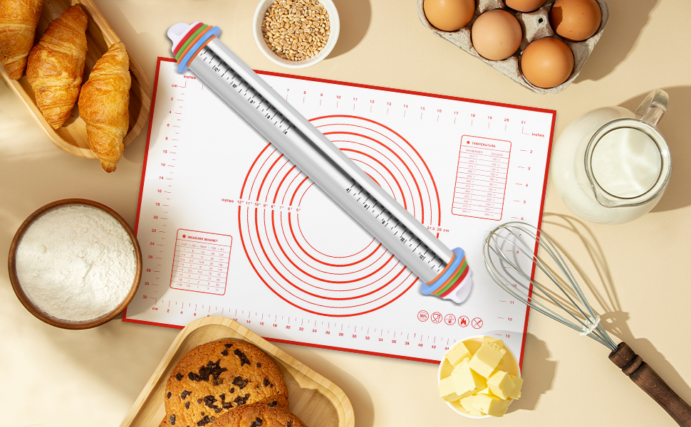 Rolling Pin with Adjustable Thickness Rings for Baking,Stainless Steel Dough Roller,Baking Supplies for Cookie Fondant Pizza Cake Pasta