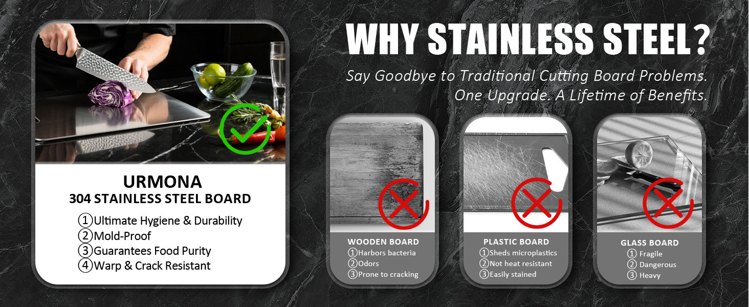 URMONA 3 PCS 304 Stainless Steel Cutting Board For Kitchen, Non-Staining&Odor-Free, Burr-Free Edges, Dishwasher Safe, Non Toxic Cutting Board（S+M+L）