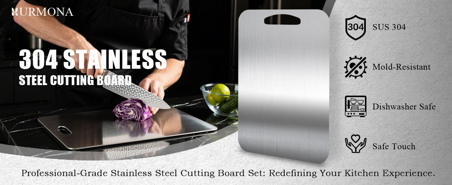 URMONA 3 PCS 304 Stainless Steel Cutting Board For Kitchen, Non-Staining&Odor-Free, Burr-Free Edges, Dishwasher Safe, Non Toxic Cutting Board（S+M+L）