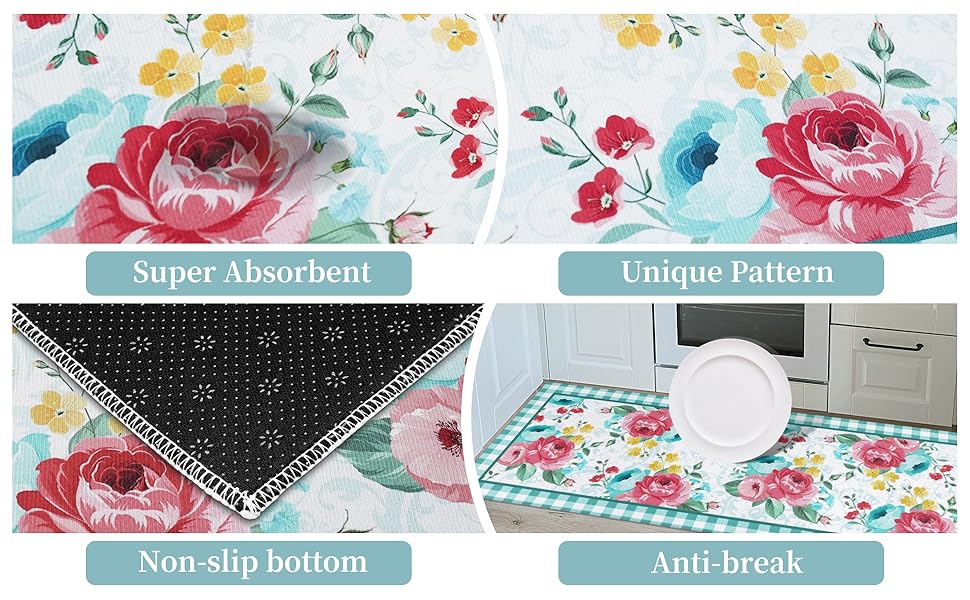 Red Teal Floral Kitchen Rugs and Mats Non-Skid Washable for Floor, Floral Teal Kitchen Decor and Accessories Kitchen Mat Set of 3, 17