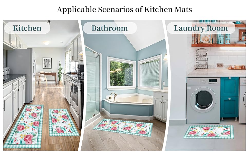 Red Teal Floral Kitchen Rugs and Mats Non-Skid Washable for Floor, Floral Teal Kitchen Decor and Accessories Kitchen Mat Set of 3, 17