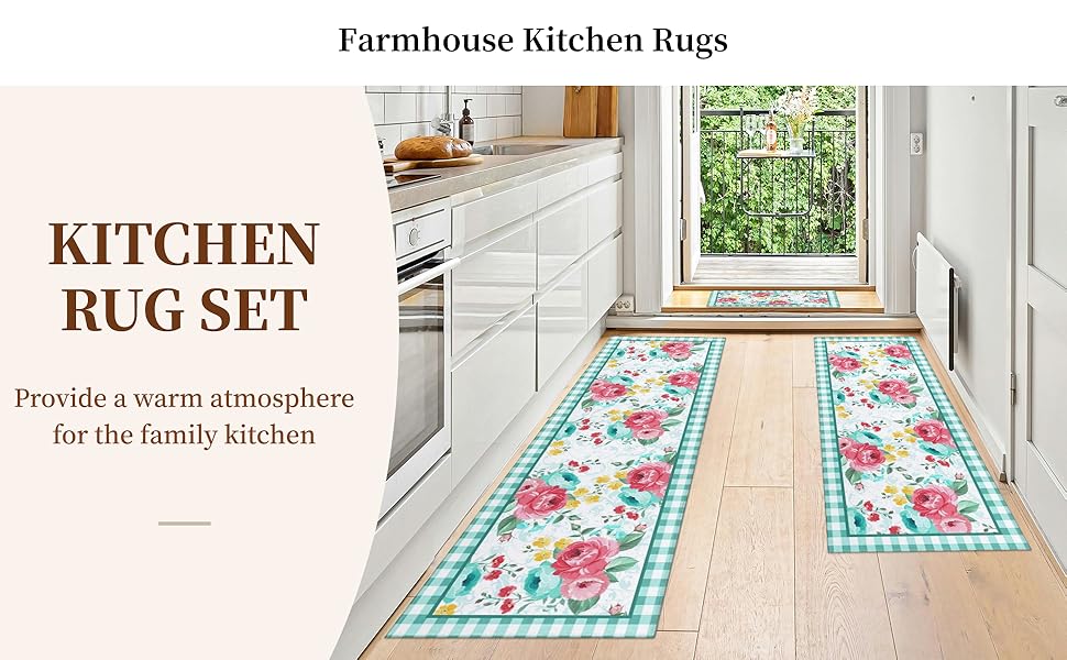 Red Teal Floral Kitchen Rugs and Mats Non-Skid Washable for Floor, Floral Teal Kitchen Decor and Accessories Kitchen Mat Set of 3, 17