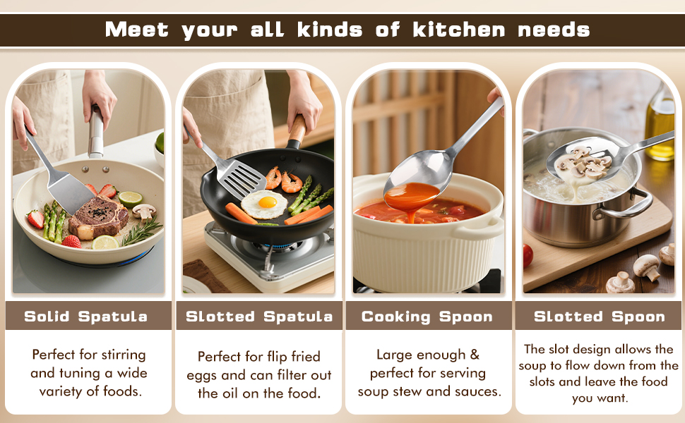 4 Pcs Cooking Utensils Set, Stainless Steel Kitchen Utensils, Heat Resistant Metal Kitchen Tools Include Solid & Slotted Turner Wok Spatula, Serving Spoon, Ergonomic Handle, Easy to Clean, Silver
