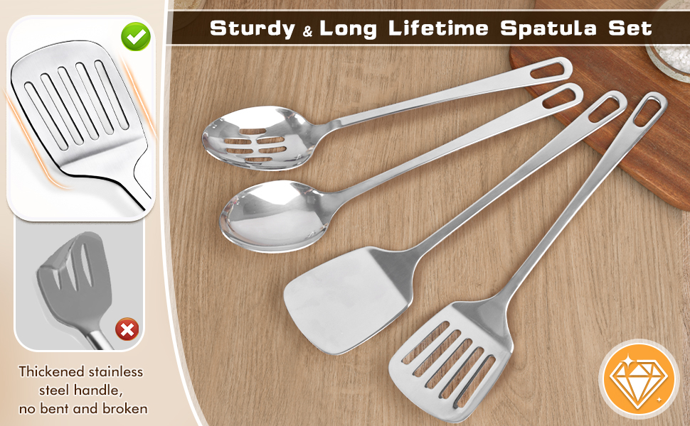 4 Pcs Cooking Utensils Set, Stainless Steel Kitchen Utensils, Heat Resistant Metal Kitchen Tools Include Solid & Slotted Turner Wok Spatula, Serving Spoon, Ergonomic Handle, Easy to Clean, Silver