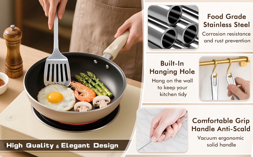 4 Pcs Cooking Utensils Set, Stainless Steel Kitchen Utensils, Heat Resistant Metal Kitchen Tools Include Solid & Slotted Turner Wok Spatula, Serving Spoon, Ergonomic Handle, Easy to Clean, Silver