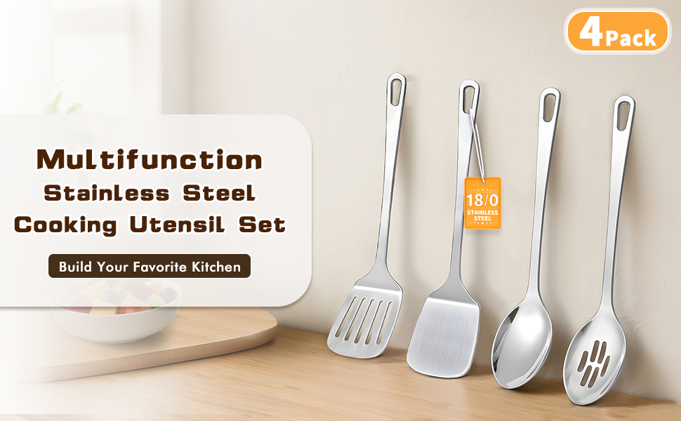 4 Pcs Cooking Utensils Set, Stainless Steel Kitchen Utensils, Heat Resistant Metal Kitchen Tools Include Solid & Slotted Turner Wok Spatula, Serving Spoon, Ergonomic Handle, Easy to Clean, Silver
