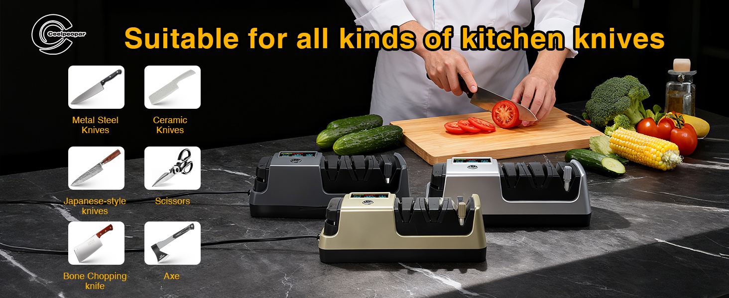 Professional 3-Stage Electric Knife Sharpener for Kitchen Knives, LCD Screen, 100% Diamond Abrasive, Adjustable Rotational Speed, Precision Angle Guides for All Kitchen Knives