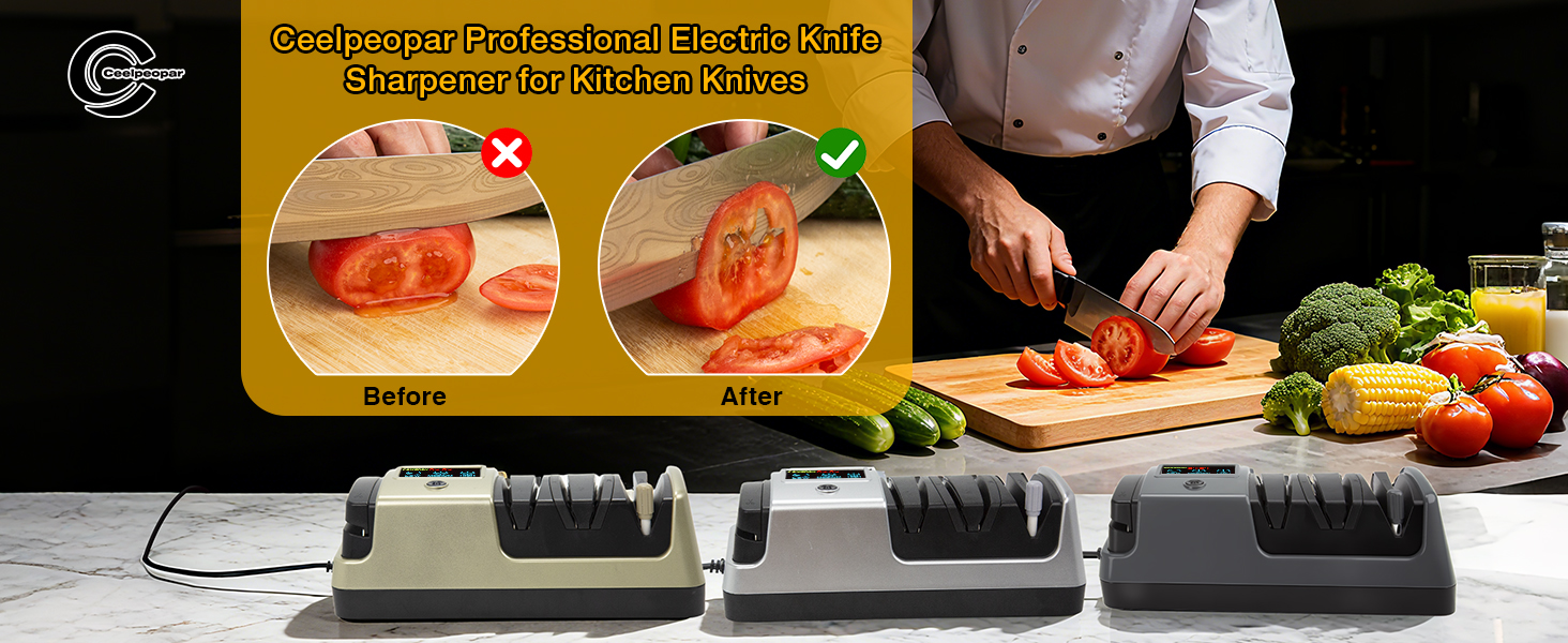 Professional 3-Stage Electric Knife Sharpener for Kitchen Knives, LCD Screen, 100% Diamond Abrasive, Adjustable Rotational Speed, Precision Angle Guides for All Kitchen Knives
