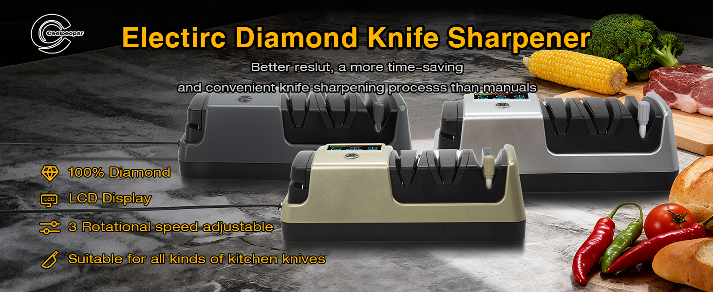 Professional 3-Stage Electric Knife Sharpener for Kitchen Knives, LCD Screen, 100% Diamond Abrasive, Adjustable Rotational Speed, Precision Angle Guides for All Kitchen Knives