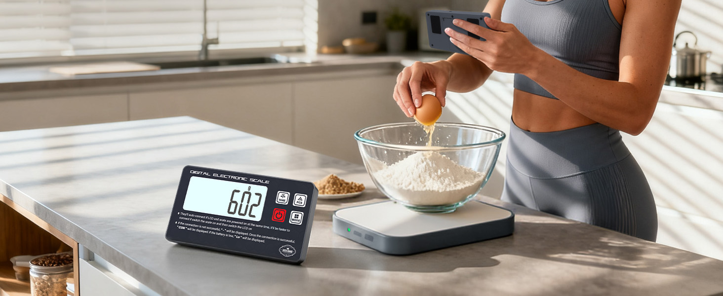 Rechargeable Digital Kitchen Food Scale - Detachable Display Electronic Weight Scale for Bread Making & Coffee Brewing, 304 Stainless Steel Platform, Backlit LCD, Count Mode, Wall-Mount & Tilt Stand