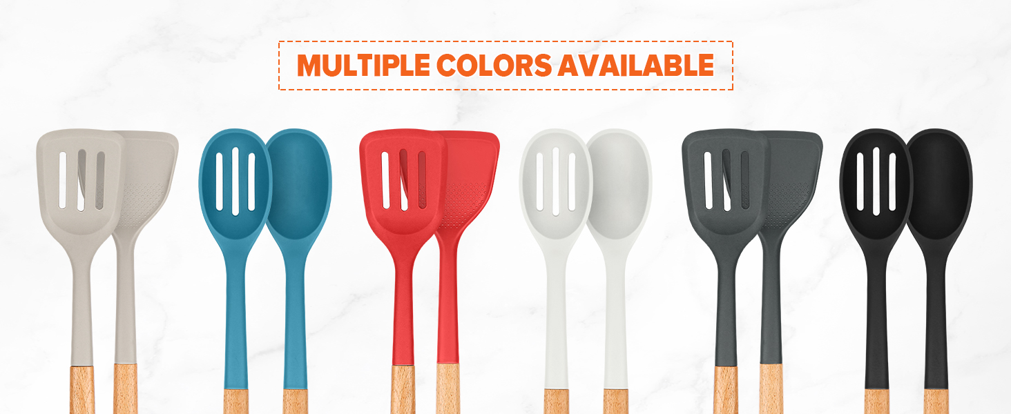 Silicone Cooking Utensils Set, Perfectly Angled for Frying, Mixing,Serving,Draining,Turning and Stirring, BPA-Free Matte Silicone, Wood Handles, Safe for Nonstick Cooking Surfaces,4 Pack (Grey)