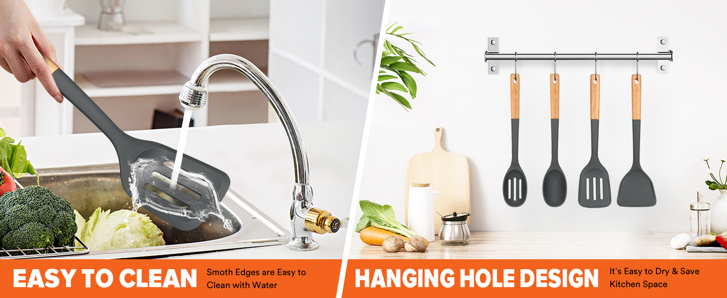 Silicone Cooking Utensils Set, Perfectly Angled for Frying, Mixing,Serving,Draining,Turning and Stirring, BPA-Free Matte Silicone, Wood Handles, Safe for Nonstick Cooking Surfaces,4 Pack (Grey)