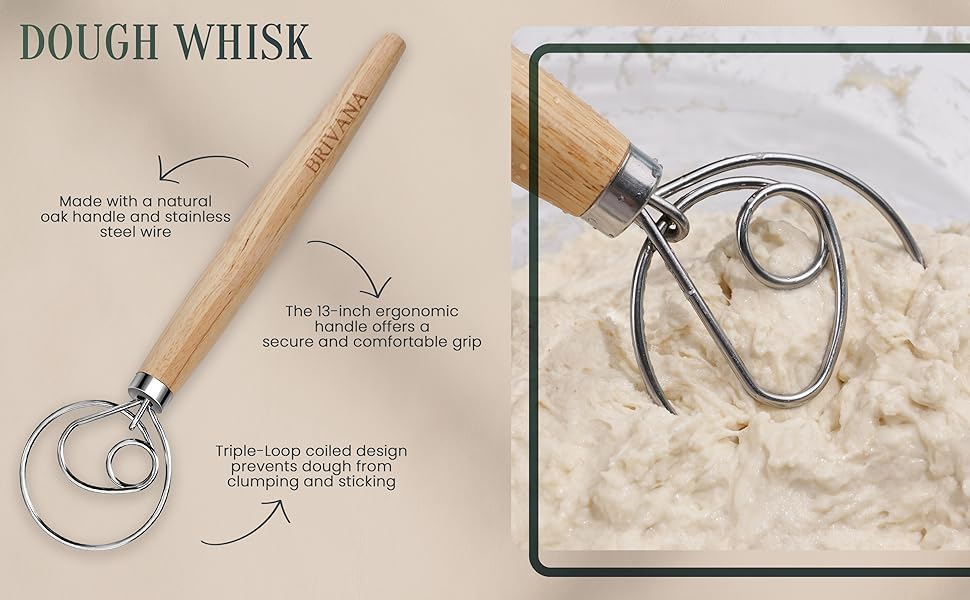13-Inch Danish Dough Whisk – Wooden Handle with Stainless Steel Single Loop – Bread Whisk for Sourdough, Pizza Dough, Cake Batter and Artisan Bread Baking