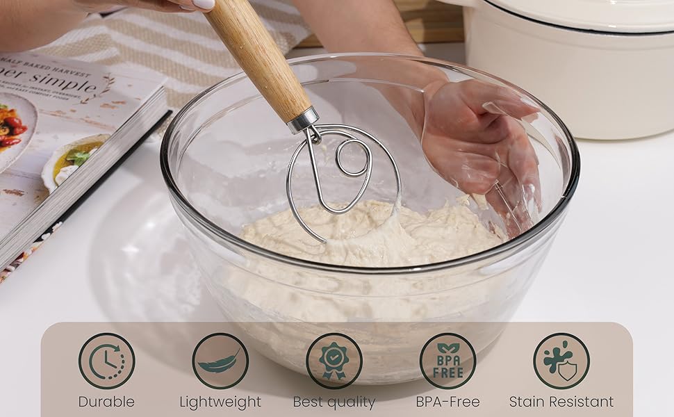 13-Inch Danish Dough Whisk – Wooden Handle with Stainless Steel Single Loop – Bread Whisk for Sourdough, Pizza Dough, Cake Batter and Artisan Bread Baking
