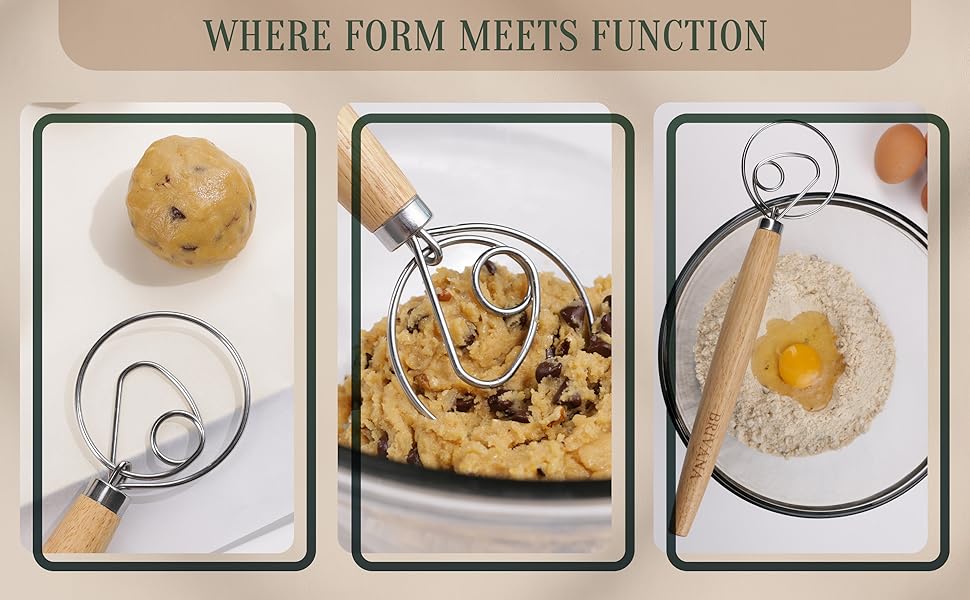 13-Inch Danish Dough Whisk – Wooden Handle with Stainless Steel Single Loop – Bread Whisk for Sourdough, Pizza Dough, Cake Batter and Artisan Bread Baking