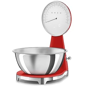 SMEG Retro-Style Analog & Digital Kitchen Scale, 11 lb Capacity, Rechargeable Battery, Backlit LCD Display, Stainless Steel Bowl (Pastel Blue)